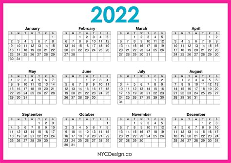 2022 Calendar Printable Free Horizontal Pink Hd Sunday Start