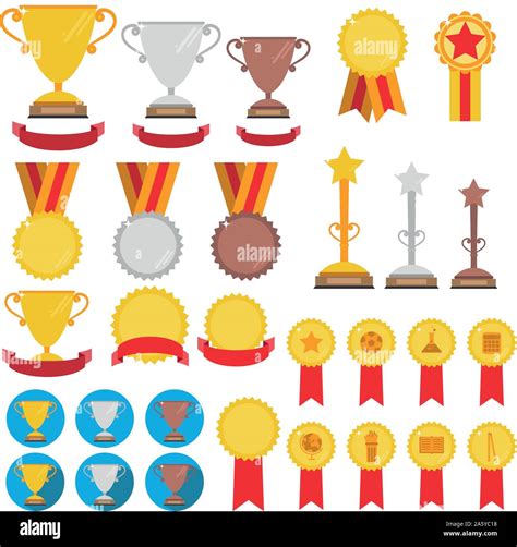 Set Of Trophies Medals Icons And Ribbons For Winners In Competitions