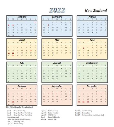 2022 New Zealand Calendar With Holidays