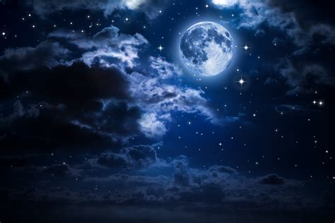 Starry Sky With Blue Clouds Moon Shining Stars Vector