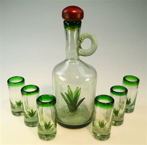 Agave Tequila Bottle Set Hand Blown In Mexico 6 Shots