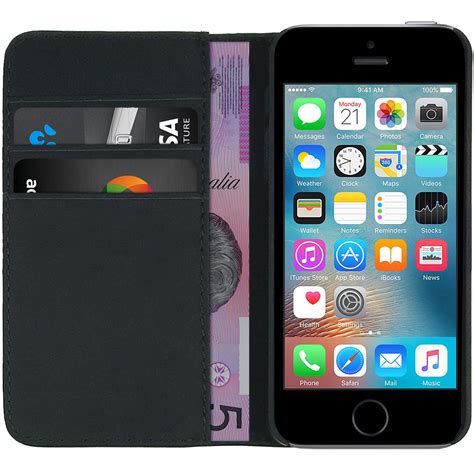 Leather Wallet Case For Apple Iphone Se 5s Black