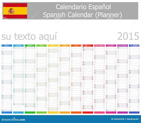 2015 Spanish Planner Calendar With Vertical Months Stock Vector