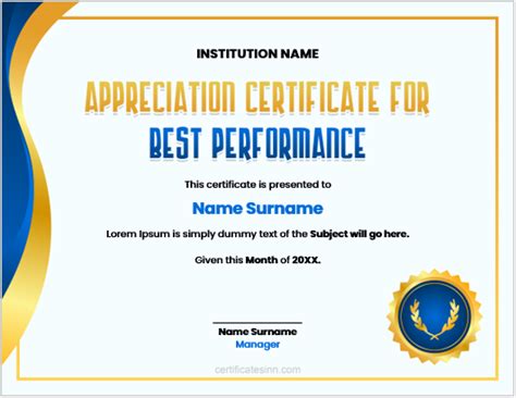 Appreciation Certificate For Best Performance Download