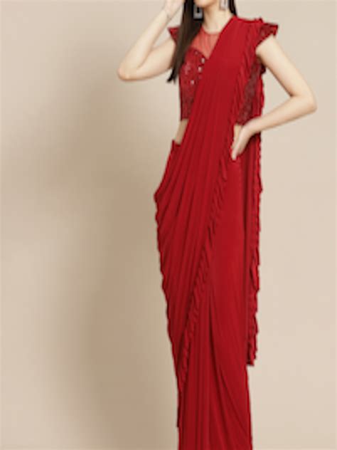 Buy Mitera Red Solid Ready To Wear Ruffled Saree Sarees For Women 14668716 Myntra