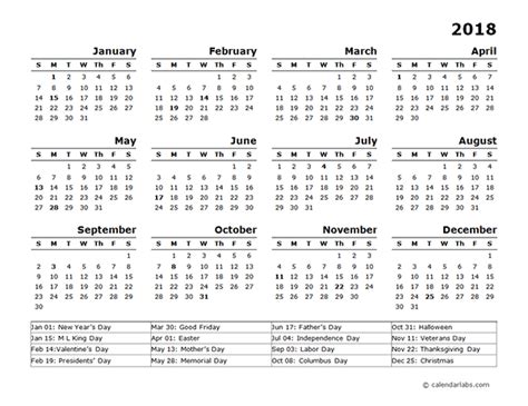2018 Year Calendar Template With Us Holidays Free