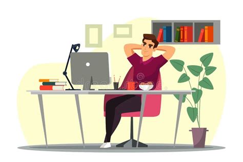 Man Sits At Desk Leaned Back In His Chair At Home Office Stock Vector