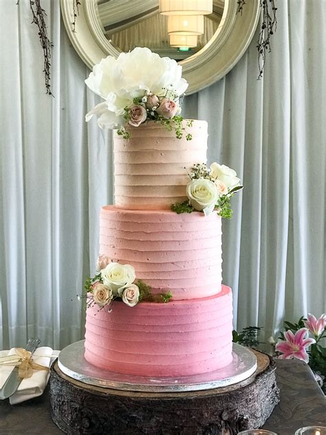 Pink Ombre Buttercream Iced Wedding Cake Decorated With Pretty Fresh