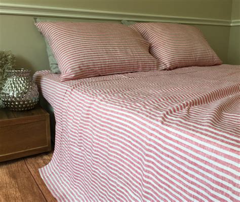 Red Ticking Stripe Sheets Set 100 Linen Handcrafted By Superior