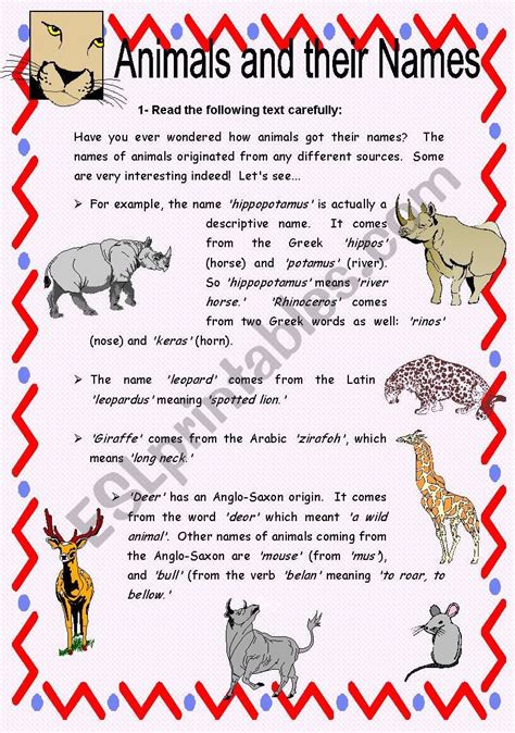 Animals And Their Names Reading Comprehension With Key Esl