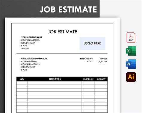 Job Estimate Template Word Editable Job Estimate Printable Job Estimate Template Business Job