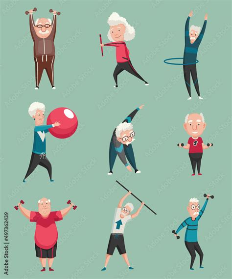 Old People Exercises Healthy Active Lifestyle Of Older People Cartoon