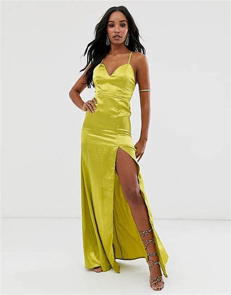 Club L London Satin Plunge Front Maxi Dress With High Thigh Split In