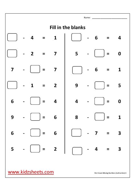Jumpstart's extensive collection of fun, printable worksheets for first graders is perfect for 6 and 7 year old children. Kidz Worksheets: First Grade Missing(-) Numbers Worksheet8