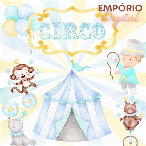 Kit Digital Circo Azul Aquarela Elo7 Produtos Especiais