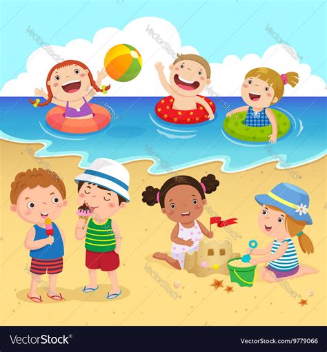 Happy Kids Having Fun On Beach Royalty Free Vector Image