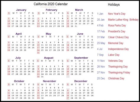 Free California 2020 Printable Calendar With Public Holidays