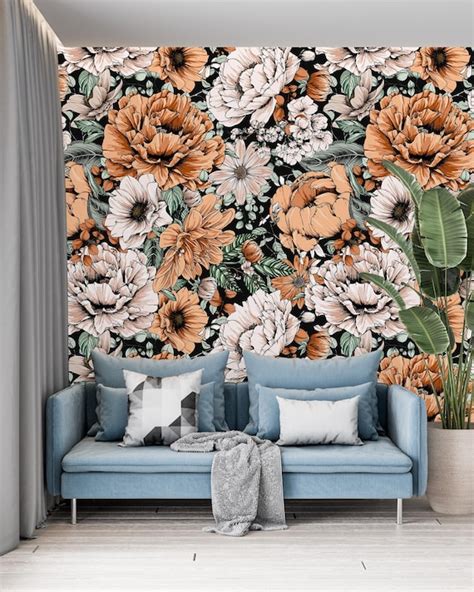 Maximalist Floral Wallpaper Colorful Peony Wall Mural Etsy
