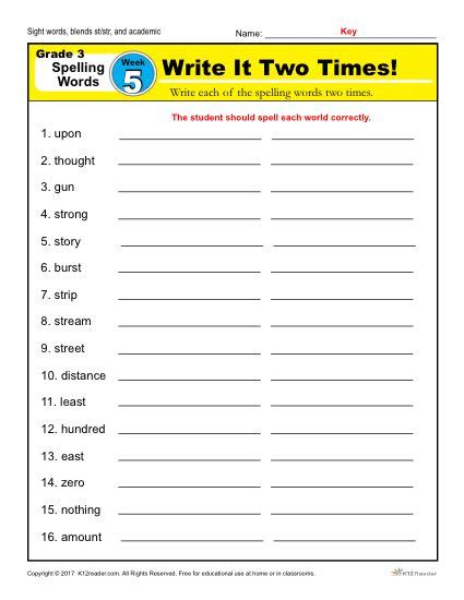 Third Grade Spelling Words List Week 5 K12reader