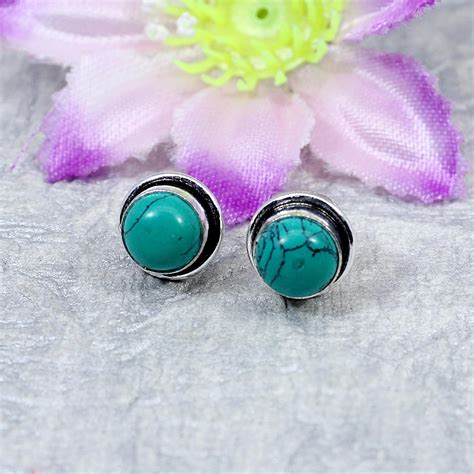 925 Sterling Silver Green Turquoise Studs Earring Silver Etsy