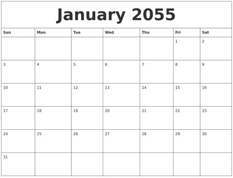 January 2055 Calendar Print Out