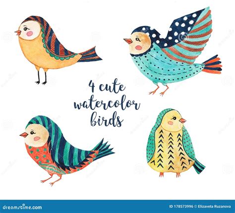 Cute Little Birds Watercolor Illustration Stock Illustration