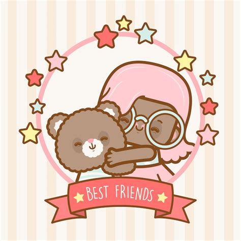 Mejores Amigos Kawaii Girl Y Teddy Bear Vector Premium