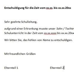 Entschuldigung für die Schule - kostenlose Vorlage ...