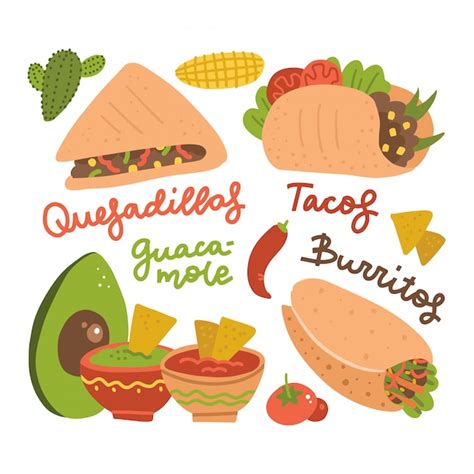 Conjunto De Comida Tradicional Mexicana Taco Burrito Guacamole Y