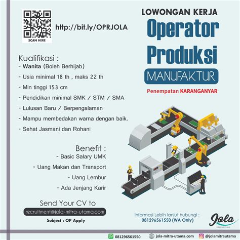 Staff assy / production dengan kualifikasi yang… disukai oleh erwin riswanto. Jola Mitra Utama - Outsourcing | LOWONGAN OPERATOR PRODUKSI PABRIK OTOMOTIF - KARANGANYAR