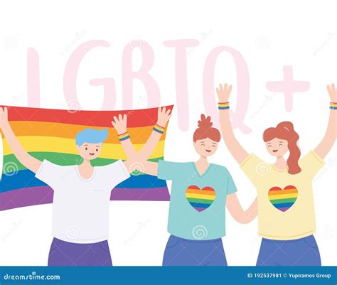 Lgbtq Community Lesbians And Man With Rainbow Flag Gay Parade Sexual