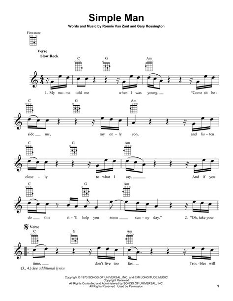 Simple Man by Lynyrd Skynyrd Sheet Music for Ukulele at Sheet Music Direct
