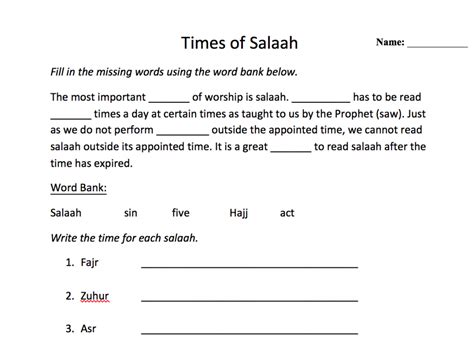 Times Of Salaah Worksheet Safar Resources
