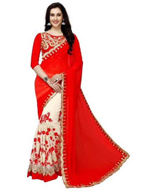 Red Colored Embroidered Georgette Saree With Blouse Bollywood Sarees