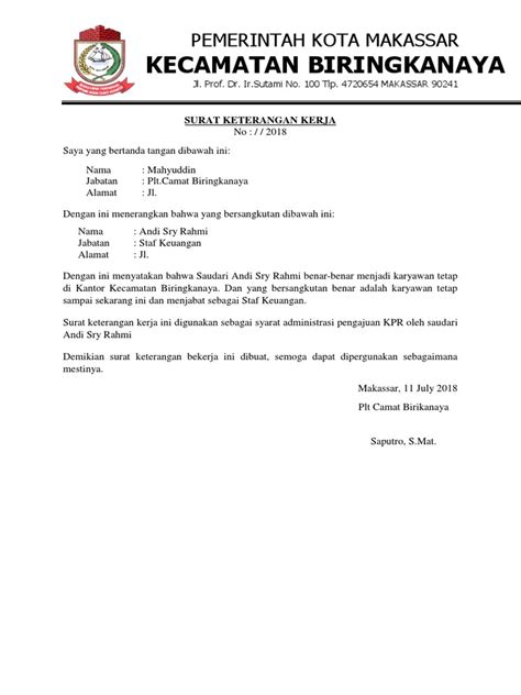 Contoh surat keterangan usaha mikro. Contoh Surat Keterangan Kerja Untuk Kpr