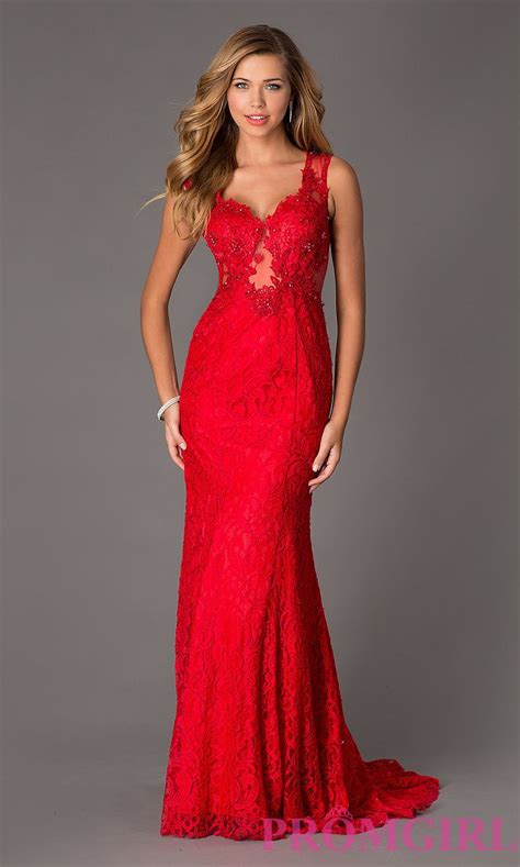 Floor Length V Neck Sleeveless Lace Prom Dress Red Lace Prom Dress