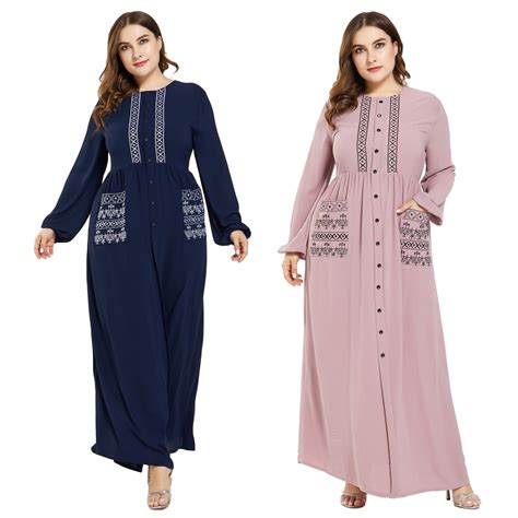 Islamic Muslim Women Abaya Long Sleeve Maxi Dress Buttons Pocket Kaftan Jilbab Plus Size