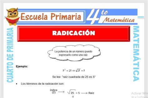 Ejercicios de Radicación para Cuarto de Primaria Escuela Primaria