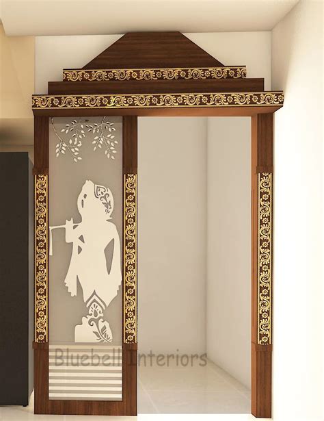 Pooja Room Entrance Arch Carved Panels Etched Back Lit Krishna
