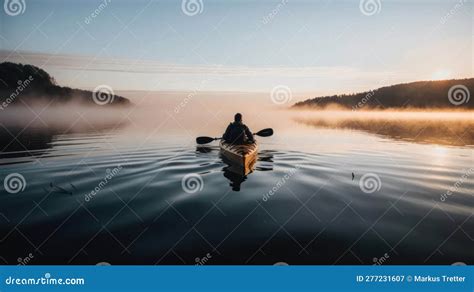 A Person Kayaking Through Calm Glassy Water In The Early Morning