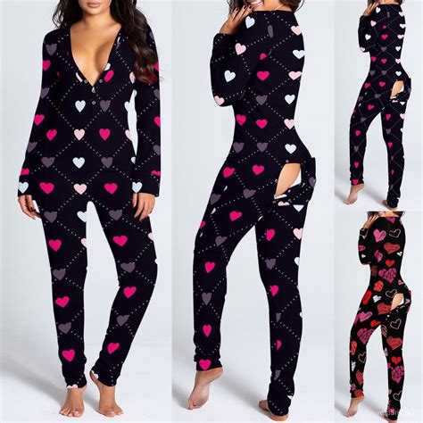 Sexy Pajama For Women New Year Jumpsuit Button Down Front Back Butt Bum Open Ass Flap Jumpsuit