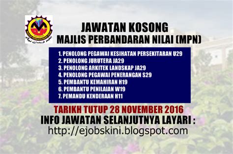 Warganegara malaysia yang berminat bekerja majlis perbandaran kulim (mpkk) dan berkelayakan dipelawa untuk memohon sekarang juga. Jawatan Kosong Majlis Perbandaran Nilai (MPN) - 28 ...