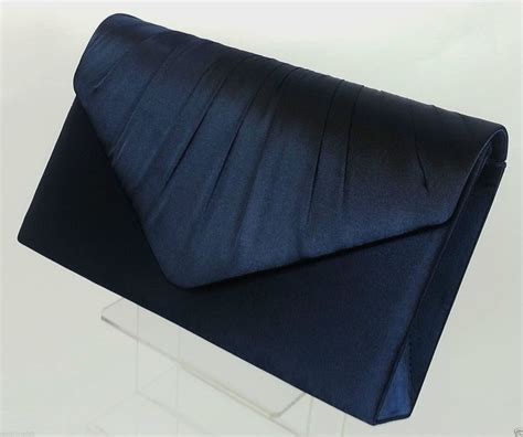 Ladies Navy Blue Pleated Satin Envelope Evening Clutch Bag Handbag