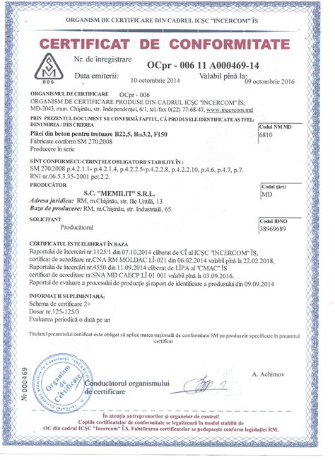 Certificate De Conformitate Valabile 9 Octombrie 2016