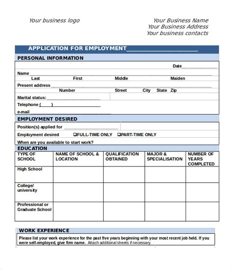 Free 8 Sample Employment Application Forms In Ms Word Pdf