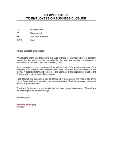 F0020 Memo To All Employees Re Business Closure Sample Notice To