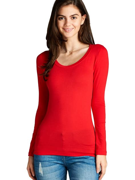 SNJ - Women's Long Sleeve Scoop Neck Fitted Cotton Top Basic T Shirts 