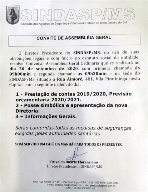 Convite De Assembleia Geral Sindasp MS