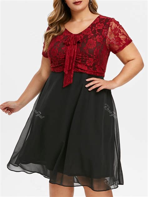 Plus Size Lace Bodice Bowknot Semi Formal Dress 35 Off Rosegal