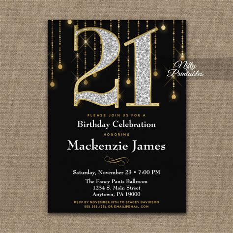 21st Birthday Invitations Black Gold Diamonds Adult Nifty Printables